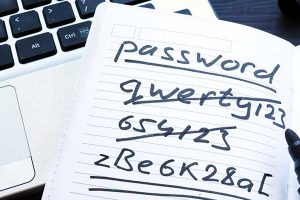 Unsichere Passwörter auf einem Zettel durchgestrichen