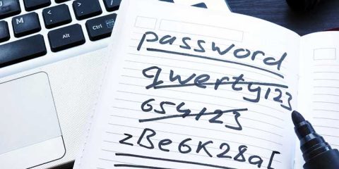 Unsichere Passwörter auf einem Zettel durchgestrichen