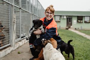 Junge Frau arbeitet ehrenamtlich im Tierheim